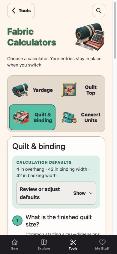 Fabric Calculators — top of the app screen with Quilt & Binding selected