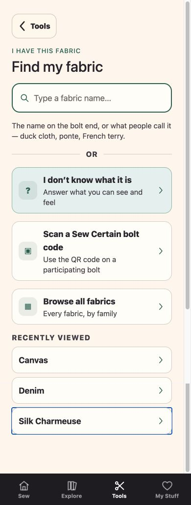 Find My Fabric: search by name, follow fabric clues, scan a bolt code, browse and recently viewed fabrics
