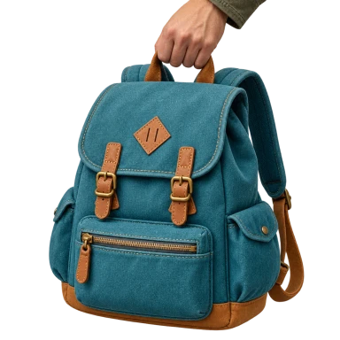 Teal canvas backpack with tan straps, a contrast base and a zipped front pocket