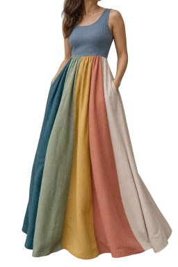 Model wearing a flowing maxi dress in teal, gold, coral and cream