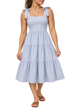 Woman wearing a blue-and-white striped tiered sundress with tie shoulders, cropped below her nose